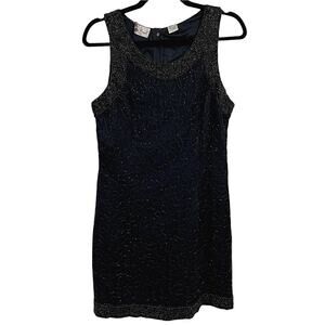 Vtg Laurence Kazar Black Beaded Silk Cocktail Party Dress Holiday Petite Large